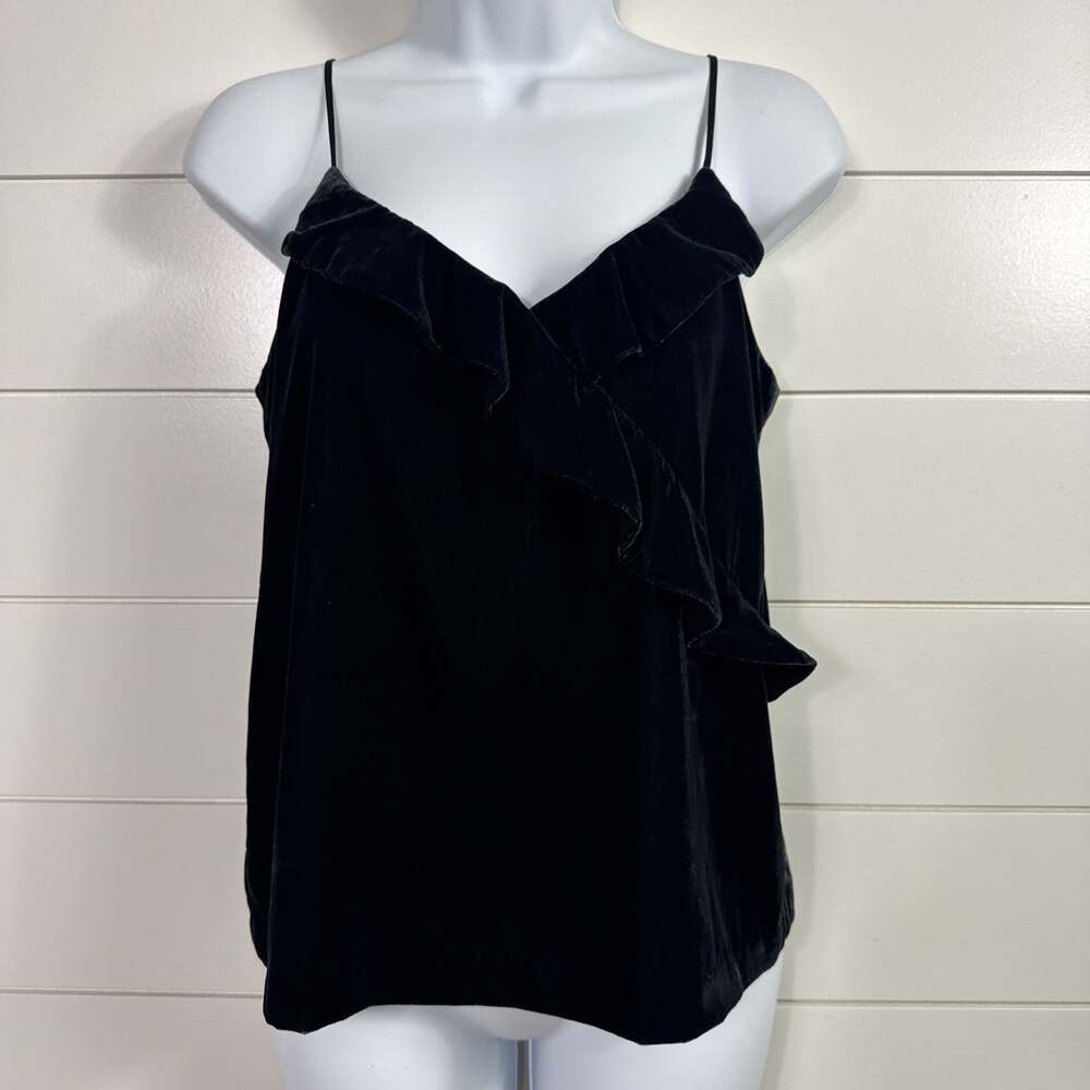 J. Crew Velvet Ruffled Going Out Cami Tank Top Black sz 2 Petite
